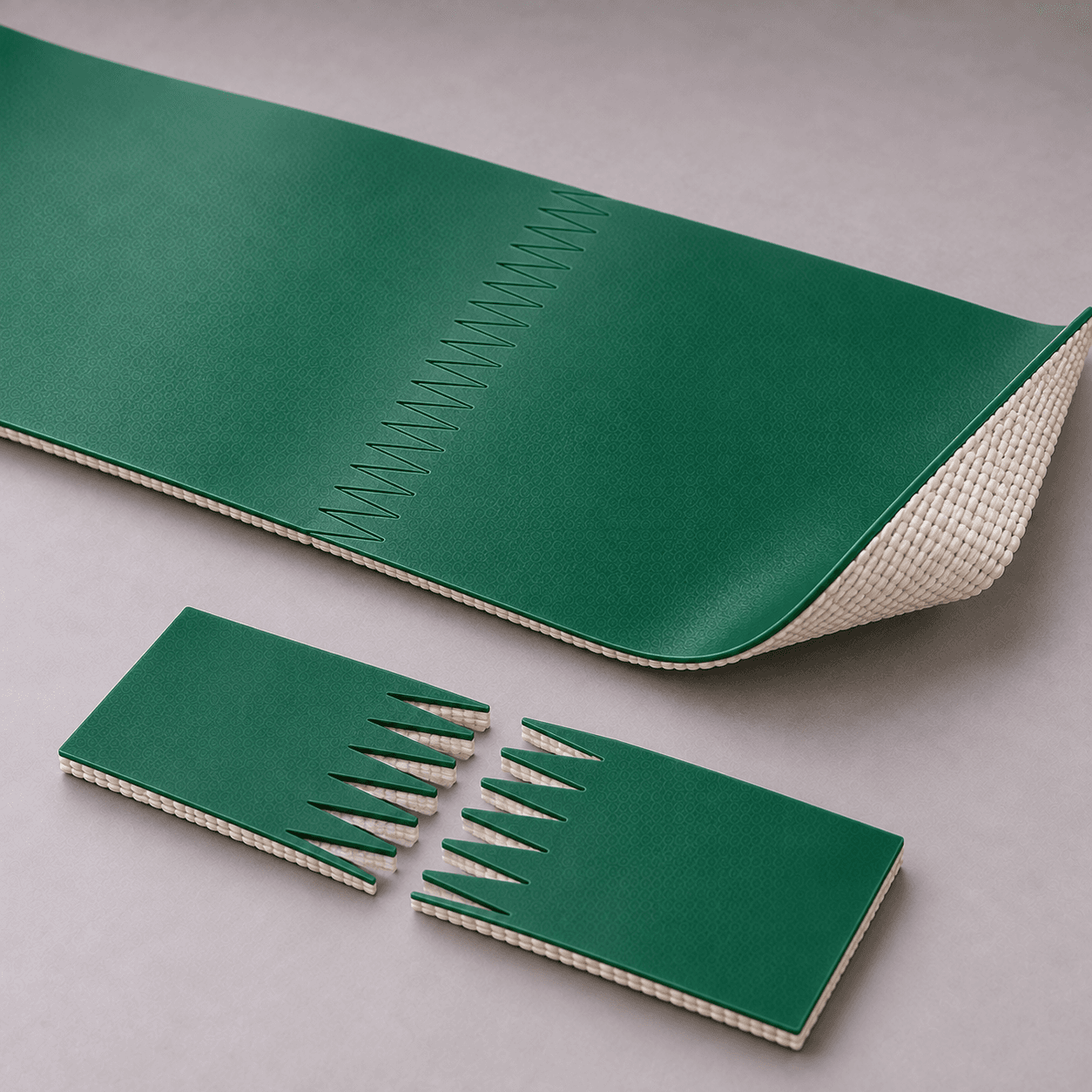 Ilustración generada de empalme de dedos de banda transportadora de PVC verde y muestra de corte