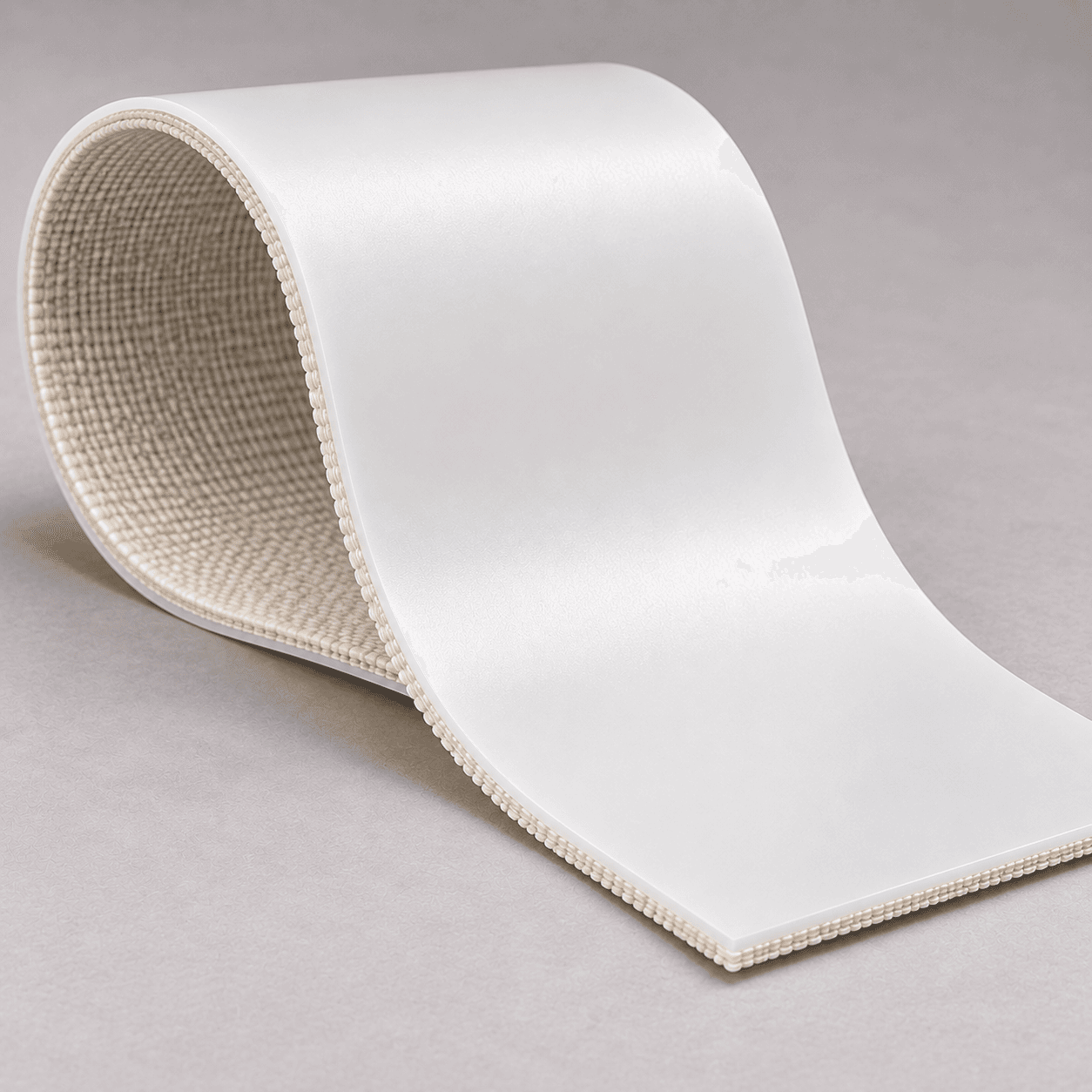 Generated illustration of white smooth PU process conveyor belt with woven underside