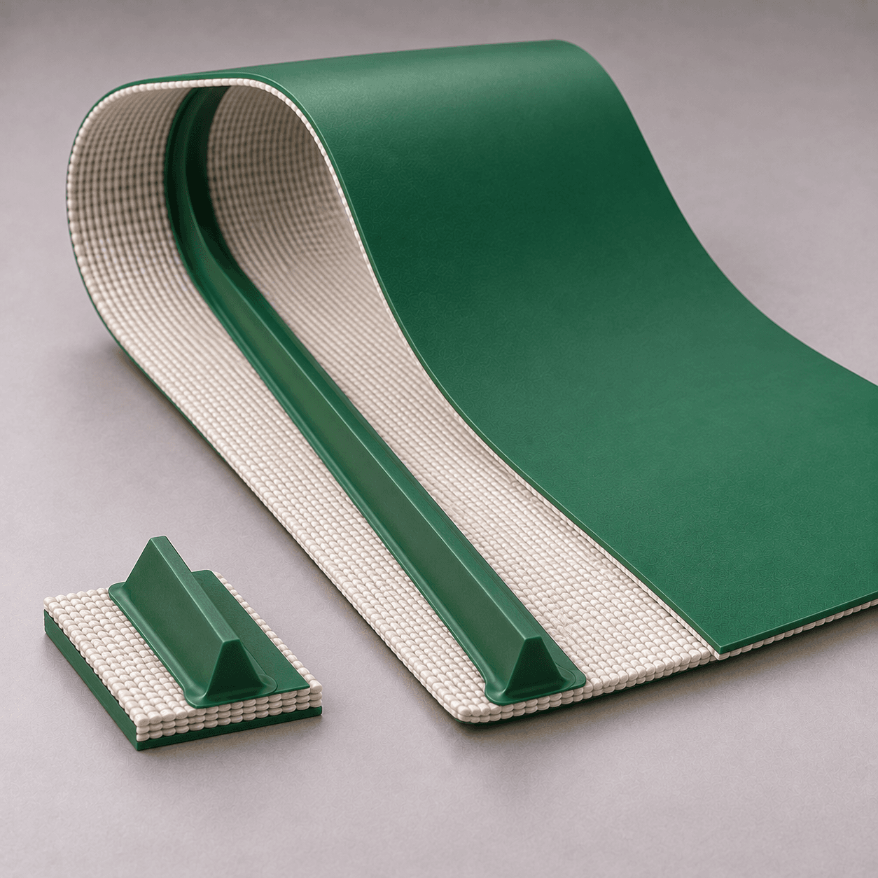 Generated illustration of green PVC conveyor belt with centered longitudinal V-guide